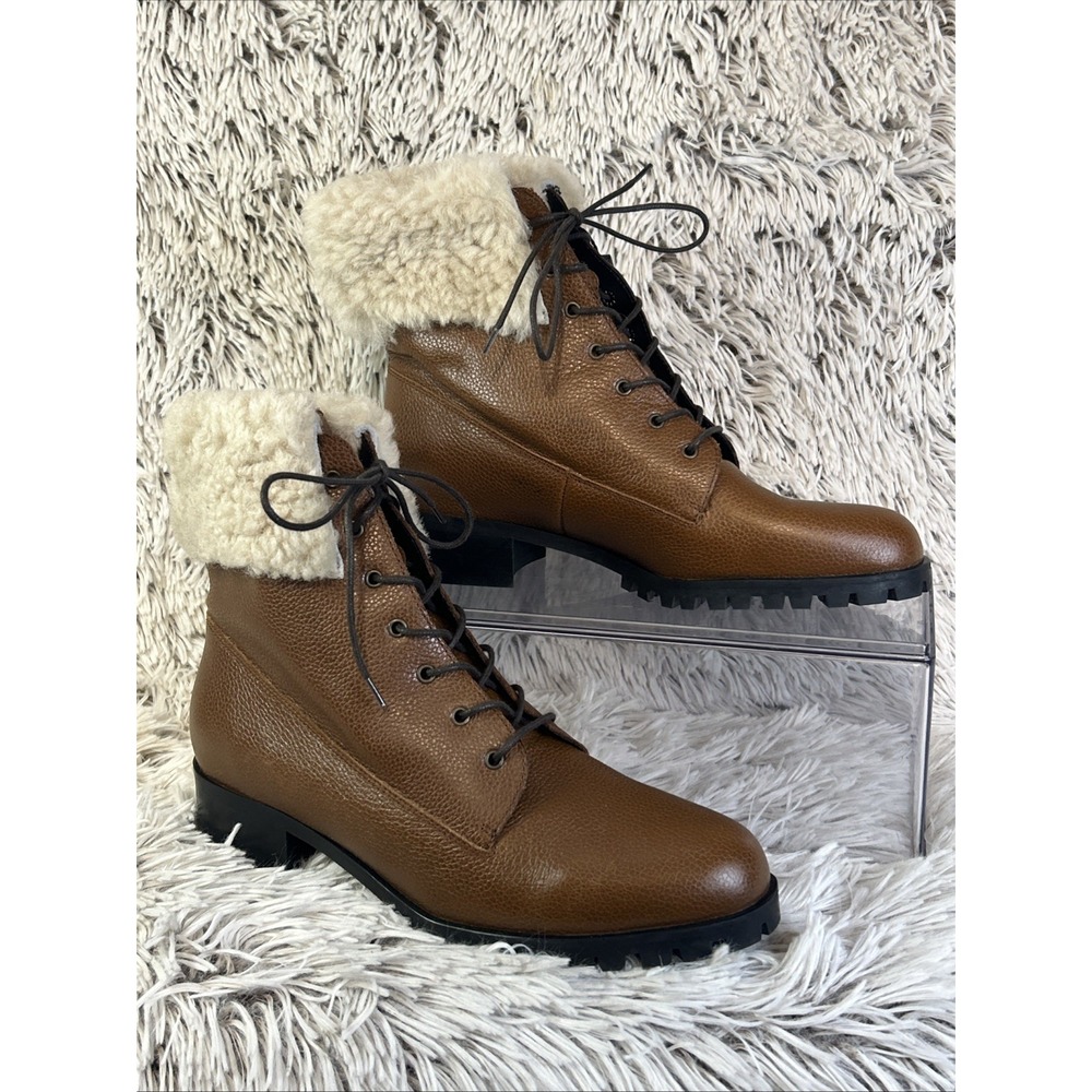 Grigiarancio Brown Pebbled Leather Shearling Trim‎ Chukka Boot Lace Up Size 9
